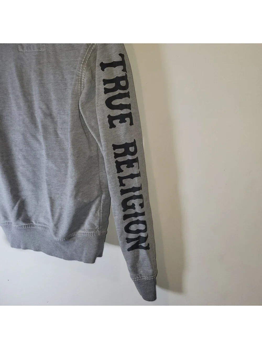 VTGTrue Religion Men's Gray Full Zip Hoodie Big T Stitching Sleeve Size M READ